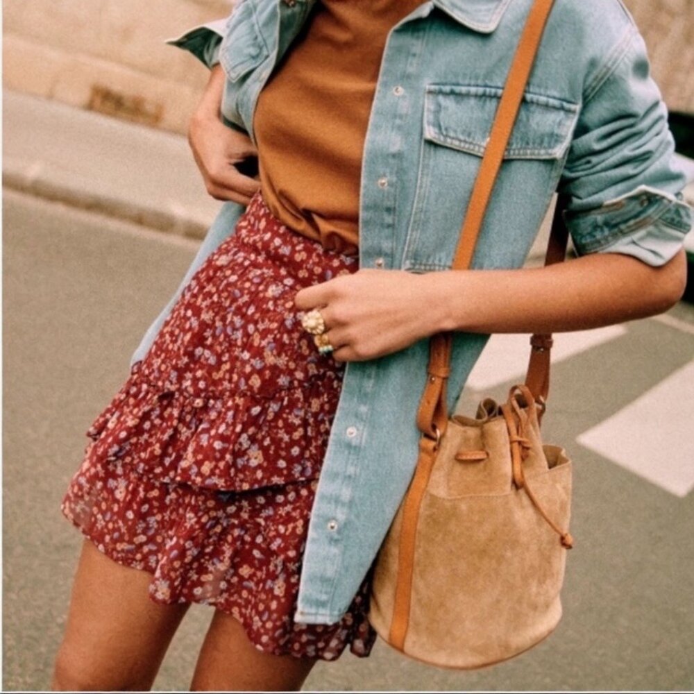 Sézane Burgundy Flowers Tiered Ruffle Mini Skirt Viscose Size FR 44/US 12